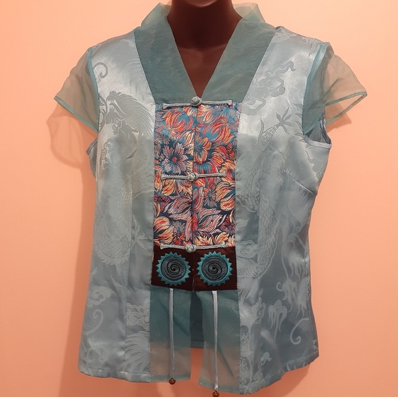 Sky Blue Asian Satin Top. Size Medium - Picture 1 of 9